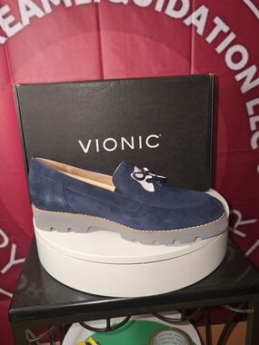 Vionic Navy Suede Loafers with White Accent and Gray Sole